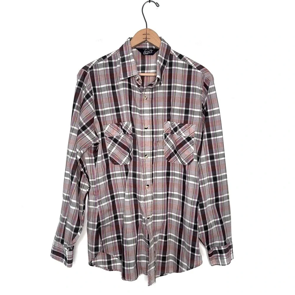 Vintage Levis Plaid Shirt Mens Button Up Pockets White Tab Western Size Large